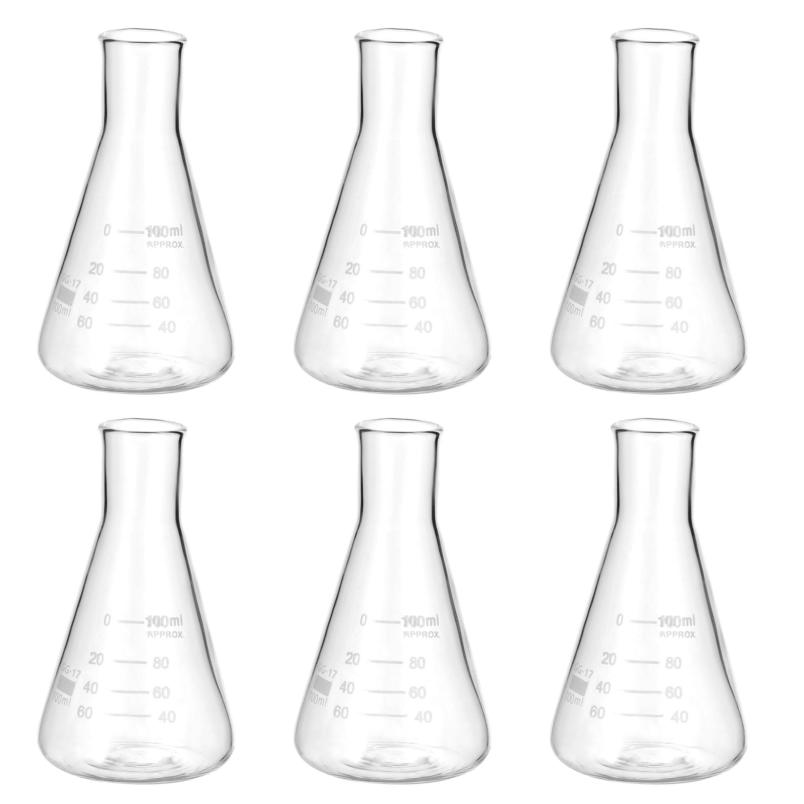 PATIKIL Matraccio Conico, 6 Pezzi 100ml 3.4oz Bocca Stretta Matracci Graduati Vetro Borosilicato Con misura Stampata Per Esperimenti Di Laboratorio Chimica Studio Scientifico