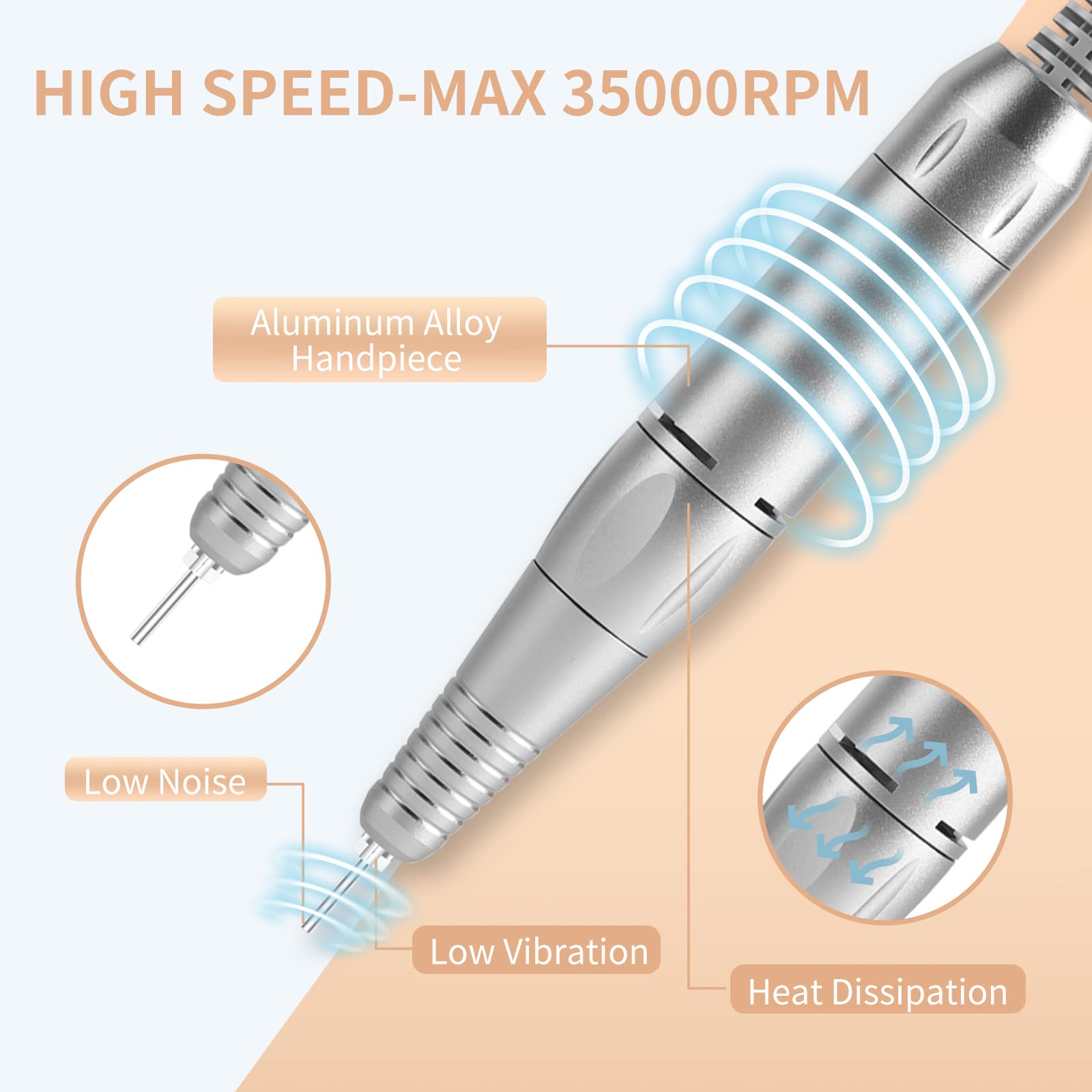 MOCOWIND Portable Nail Drill Professional 35000 RPM, Rechargeable Electric Nail File Machine Cordless E-File for Acrylic Gel Polishing Removing with Bits Kit for Manicure Salon Home,: Black