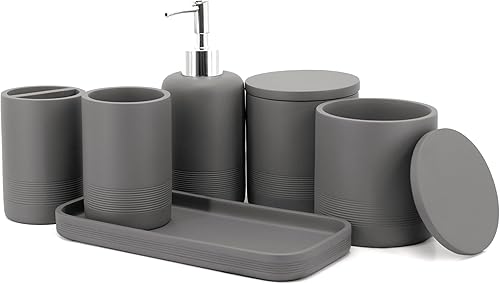 Vista 58 de ZCCZ Juego de accesorios de baño blanco de 6 piezas, soporte para cepillos de dientes, dispensador de loción, recipiente Qtip, bandeja de tocador