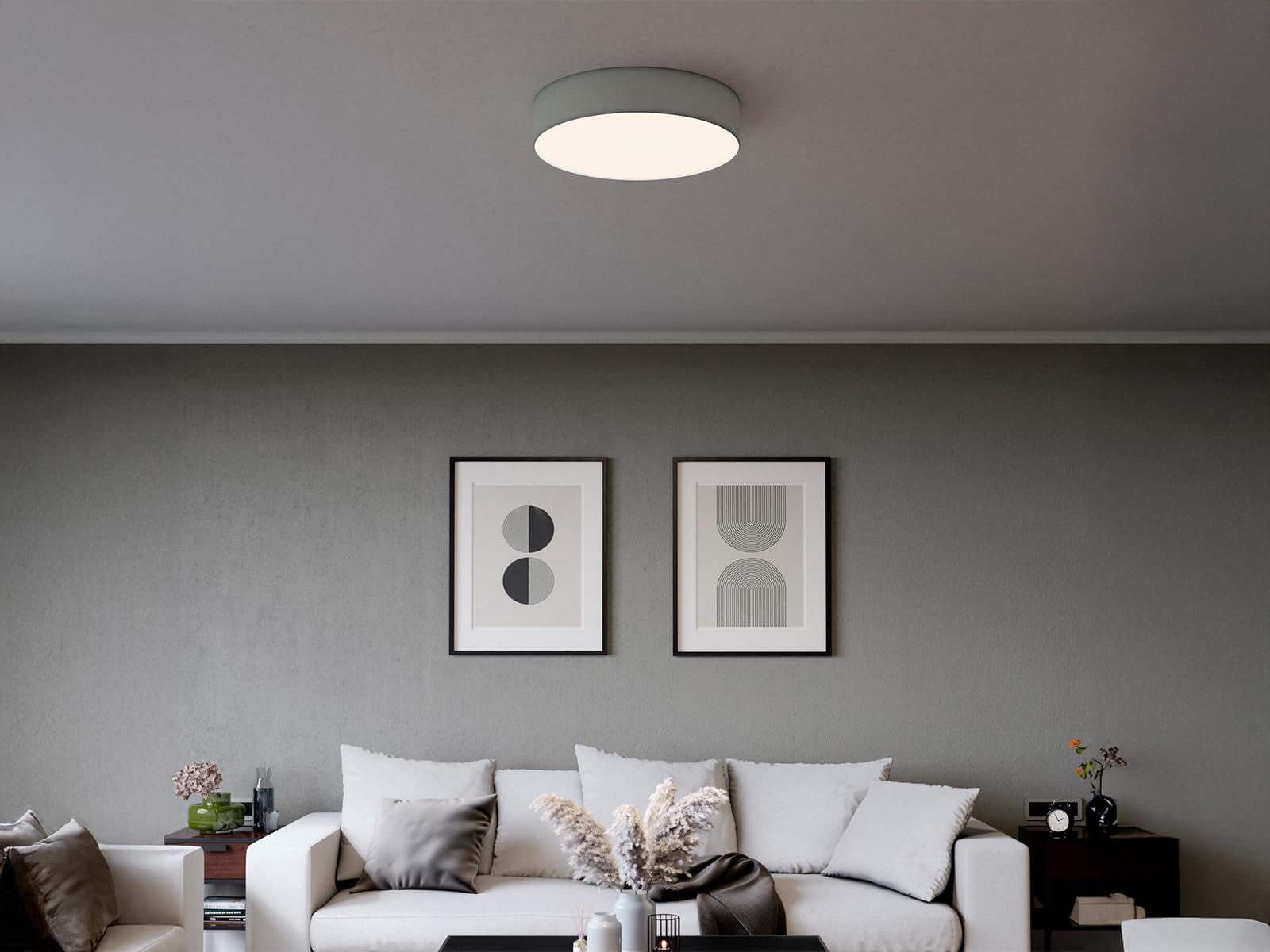Smartwares Zeitlose runde Deckenleuchte mit LED Licht - Stoffschirm in Grau Ø 50cm & satinierte Abdeckung für blendfreie Beleuchtung