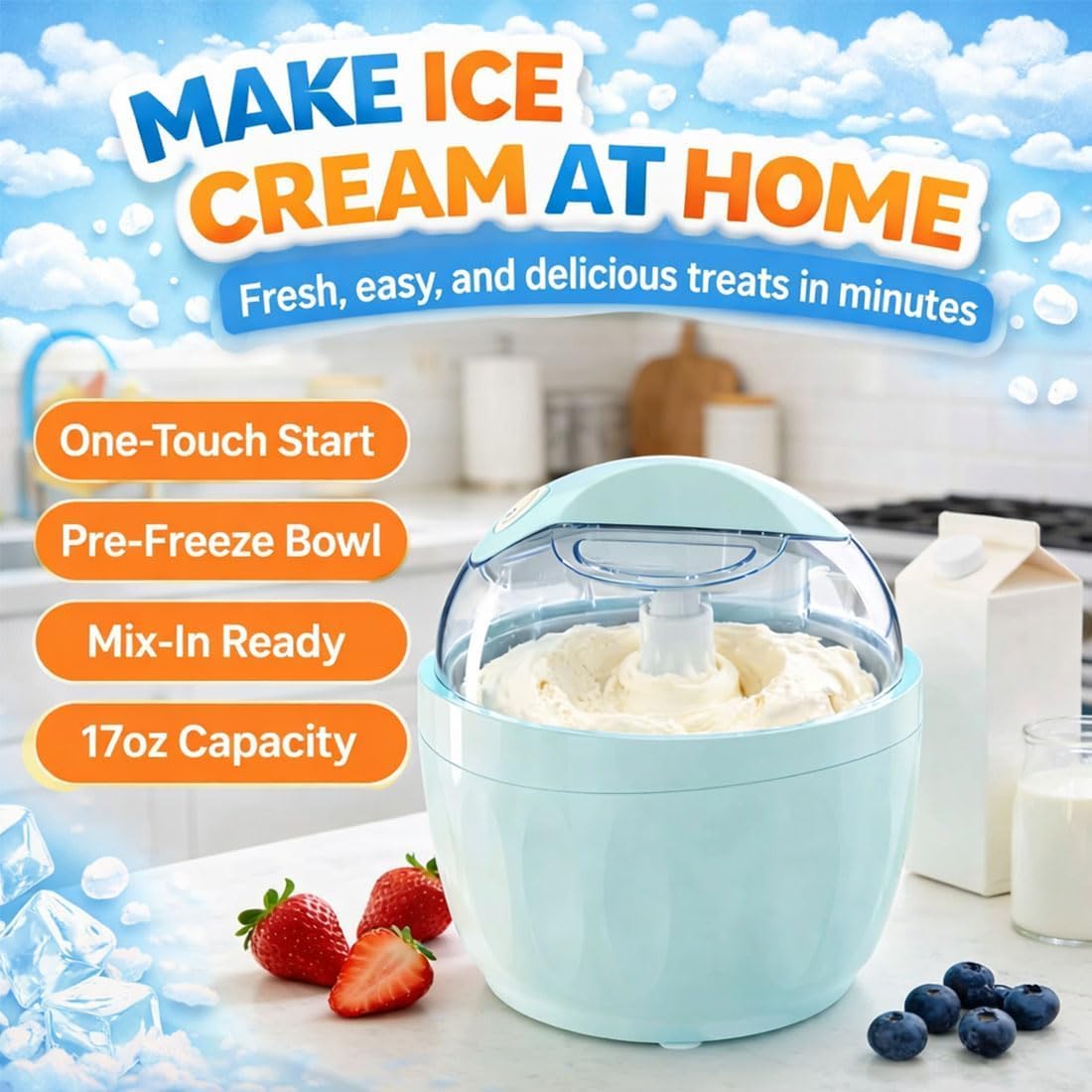 Mini Heladera Doméstica Pequeña, Máquina Eléctrica Personal De 500 Ml Para Helado Casero Rápido En 15 Minutos, Sorbete Y Yogur Helado, Máquina De Postres Compacta De Un Solo Toque Para Una Blue2