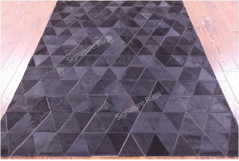 Handmade Cowhide Leather Area Rug, Geometric Triangle Patchwork, Black and White (Natural Black, 9x13 ft)