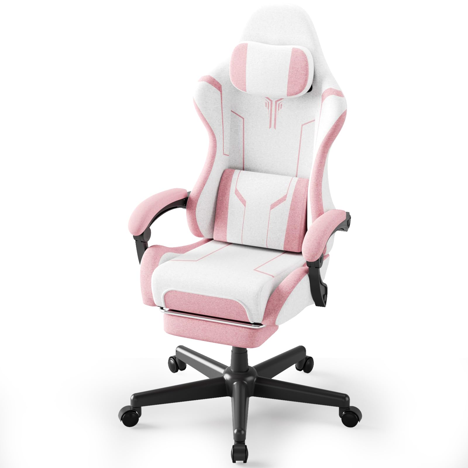 Soontrans Gaming Chair Pink, Cloth Fabric Ergonomic Computer Chair with Massage Lumbar Support, High Back Office Game Chair with Footrest and Linkage