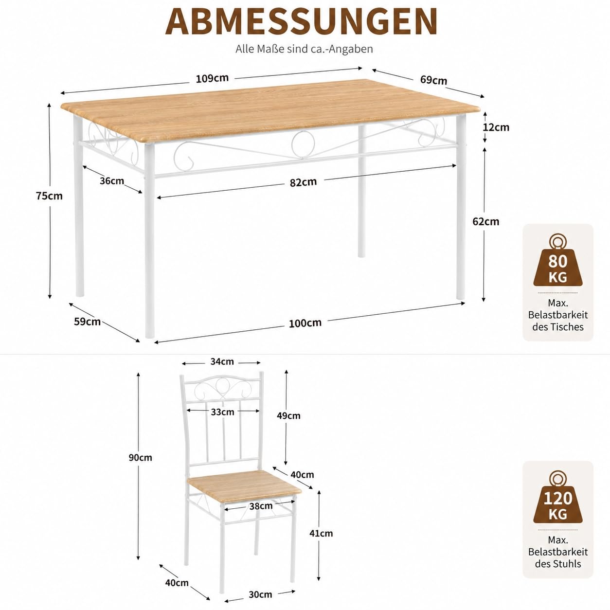 Essgruppe für 4 Personen, 4 Stühle, Esstisch 109x69 cm | 5-teilige Essgruppe mit Metallgestell und Holzoptik, ideal für Küche, Esszimmer, Wohnung und kleine Räume.