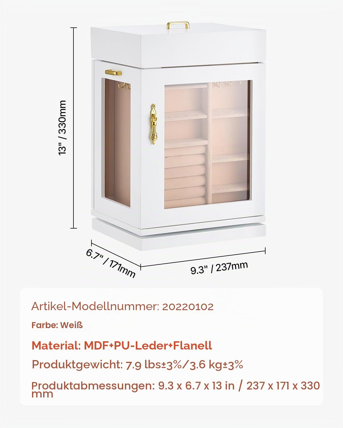 VEVOR Schmuckkästchen 360° drehbarer Schmuckkasten mit magnetischer Tür & Acrylfenster & 4 integrierten Halskettenhaken, Aufbewahrungskoffer mit Metallgriffen, Bodenpolster & weichem Samtfutter