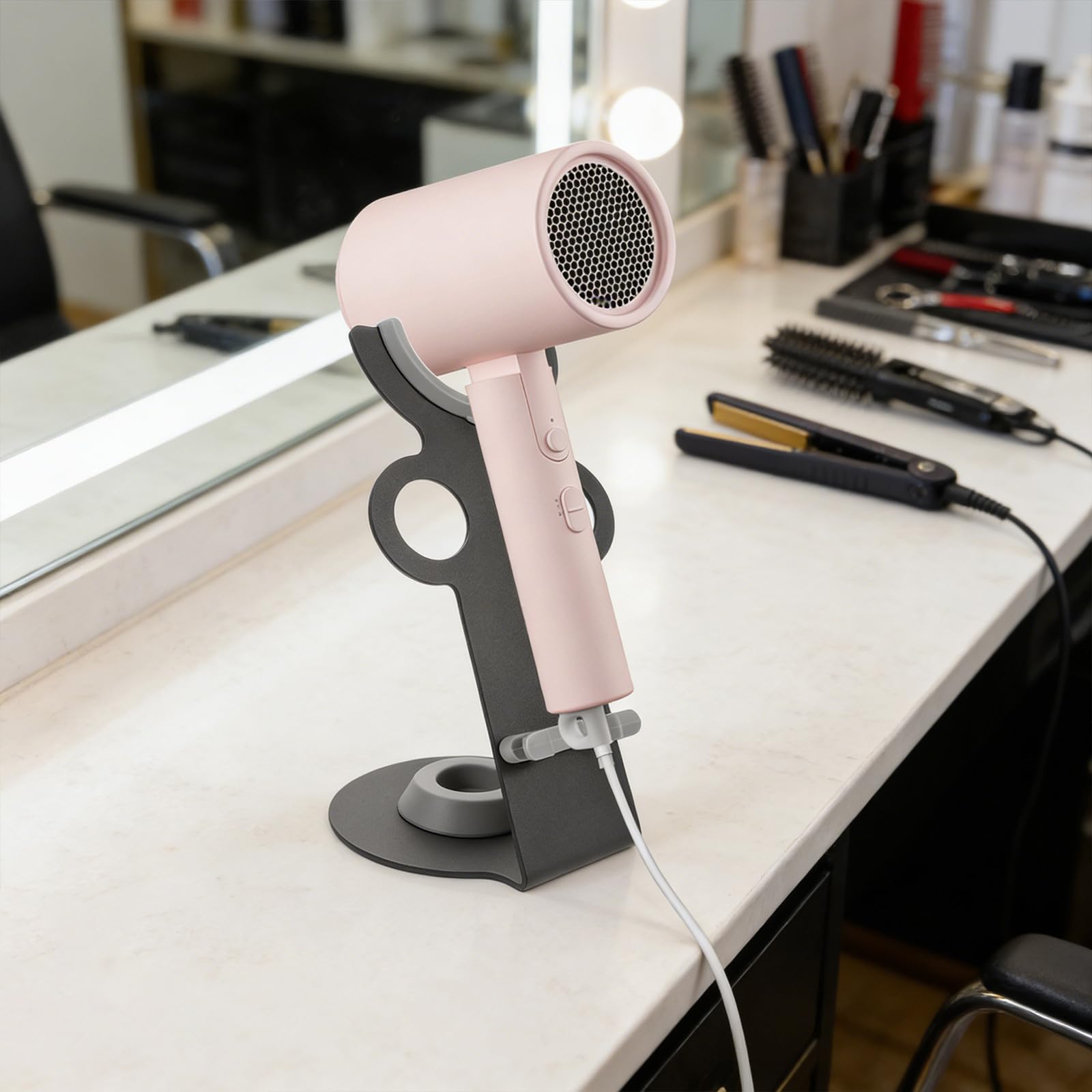 Soporte para Secador de Pelo de Escritorio Negro de Metal y Plástico | Organizador de Encimera para Baño y Tocador, Diseño Moderno, Mantenimiento Fácil, Ahorro de Espacio