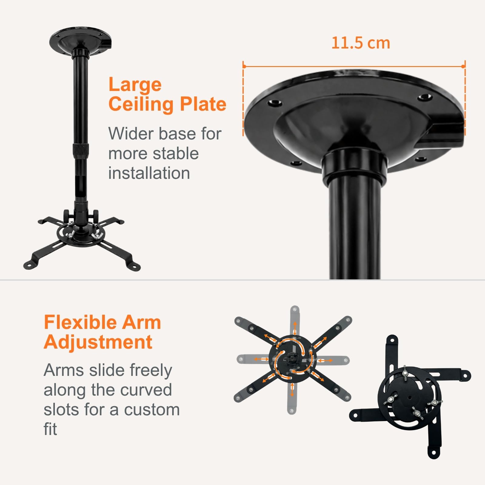 Support Vidéoprojecteur Plafond Réglable 28–42 cm – Support Mural/Plafond Universel pour Projecteur et Mini Vidéoprojecteur, Rotation 360°, Installation Facile