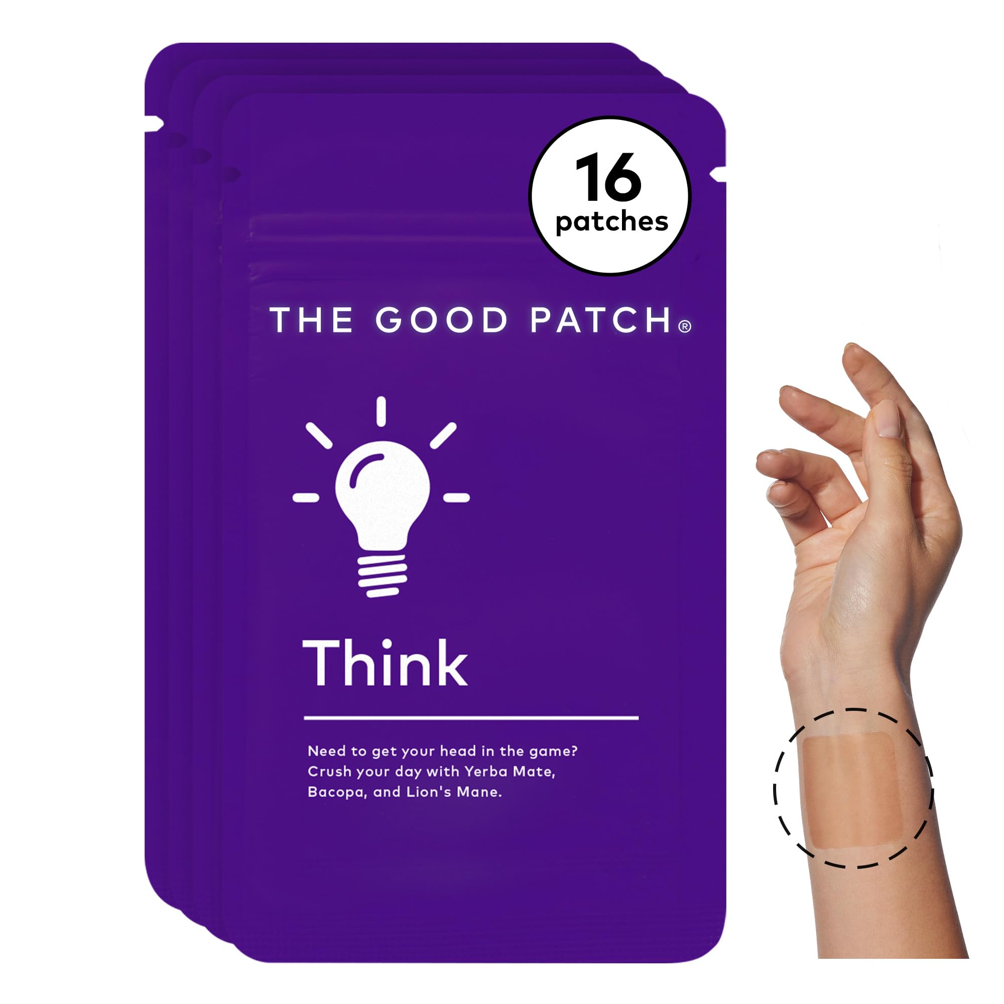 The Good Patch Think Patch, Natural Patch with Caffeine, Yerba Mate, Bacop, Lion's Mane, Plant Powered Wearable Wellness, Focus Patches, Sustained Release (16 Total Patches)