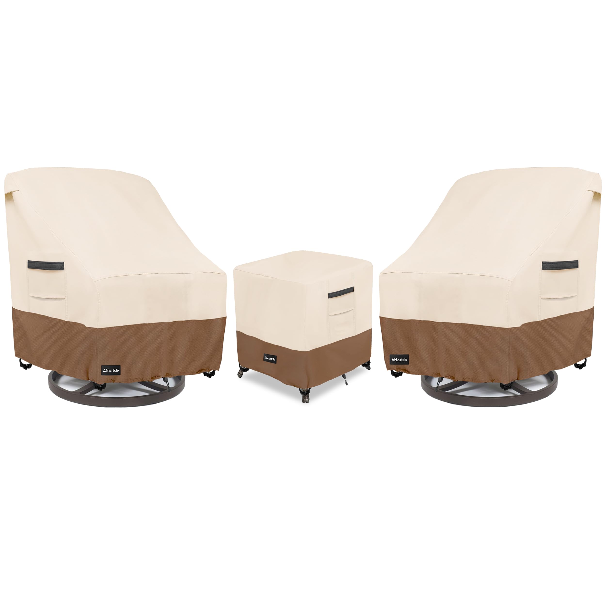 ANartcle 3 Pieces Patio Bistro Sets Cover,600D Waterproof Heavy Duty Patio Furniture Covers,Includes 2 Outdoor Swivel Chair Covers and 1 Patio Wicker Side Table Cover(Beige&amp;brown)