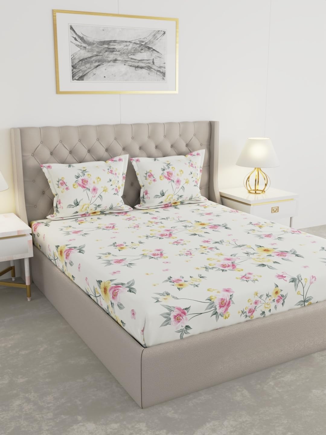 Raymond Home 100 GSM Insignia 100% Polyester Floral Double Bedsheet (2.25 Mx2.50 M) with 2 Pillow Covers(46 CM x 69 CM) - Off White & Yellow-image-41