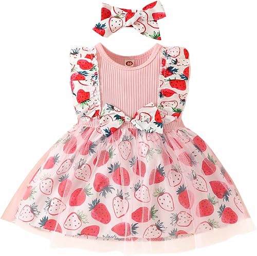 Vestido Malla bebés pequeños Vestidos Mangas Estampado de Flores niñas Vestido pajarita Encaje fresa de Verano