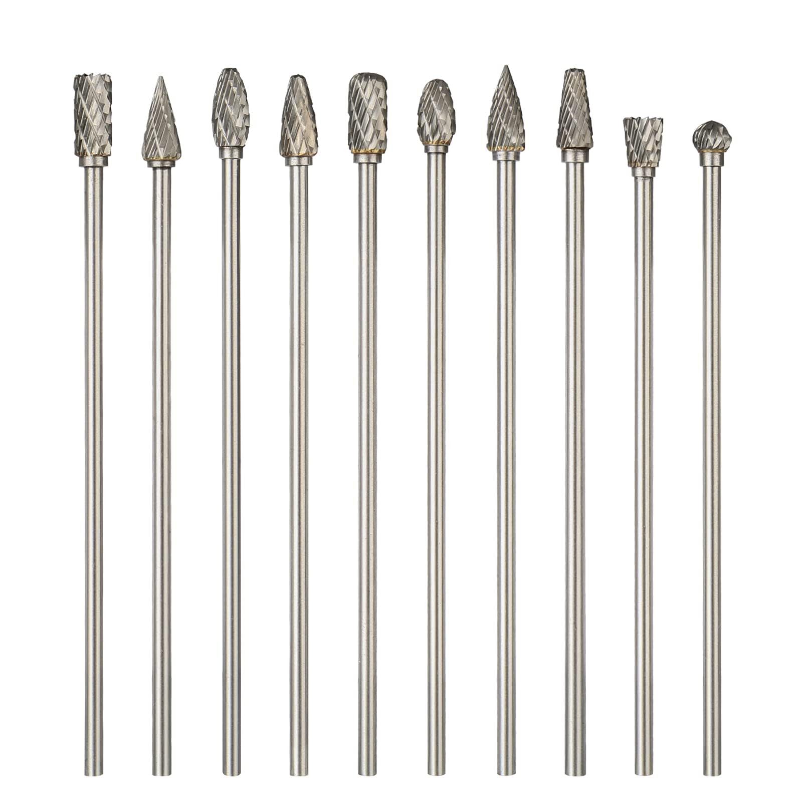 10PCS Long Carbide Burr Set 1/8" Shank Total L 4" Compatible with Dremel Die Grinder Bits Long 100MM HOMEIDOL 1/4" Head Tungsten Carbide Rotary Burr for Tight Area Woodworking, Steel Metal, Engraving
