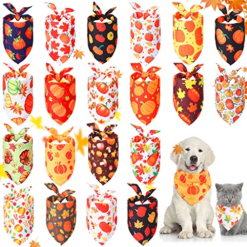 20 Pieces Fall Dog Bandanas Bulk Halloween Thanksgiving Dog Bandanas Pumpkin Turkey Triangle Bibs Adjustable Pet Scarf Neckerchief Holiday Bandana for Small Medium Large Dog Girl Boy(Pumpkin Pattern)