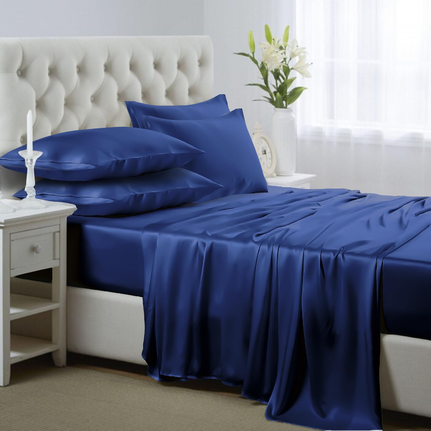 Lanest Housing Silk Satin Sheets, 6-Piece Queen Size Satin Bed Sheet Set with Deep Pockets, Cooling and Soft Sheets Queen - Navy Blue