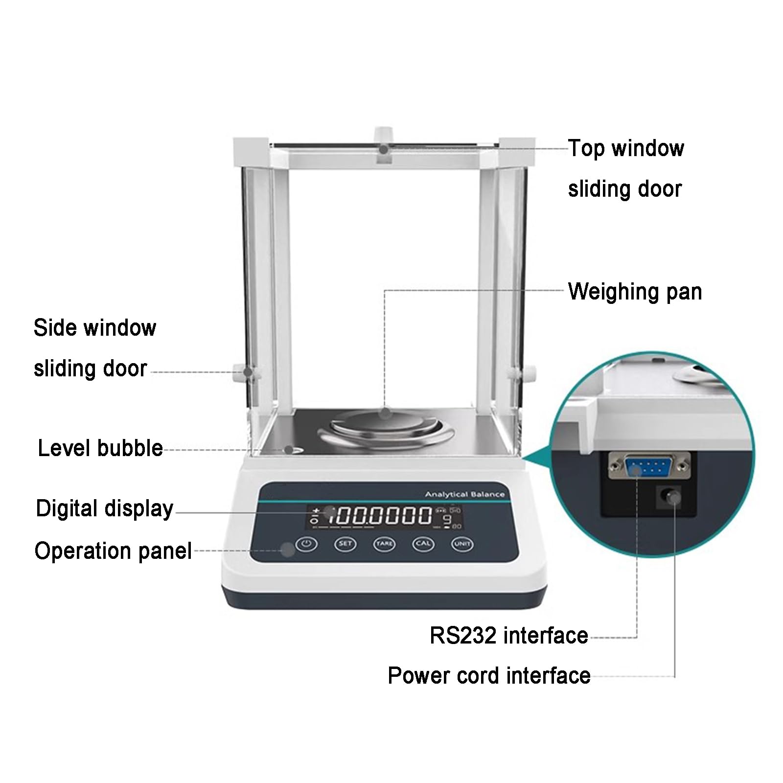 Balanza analítica de alta precisión de 0,1 mg, báscula digital de laboratorio con protector contra el viento, pantalla LCD, interfaz RS232 para escuelas y pruebas de piezas, tamaño: 220 g/0,1 mg.