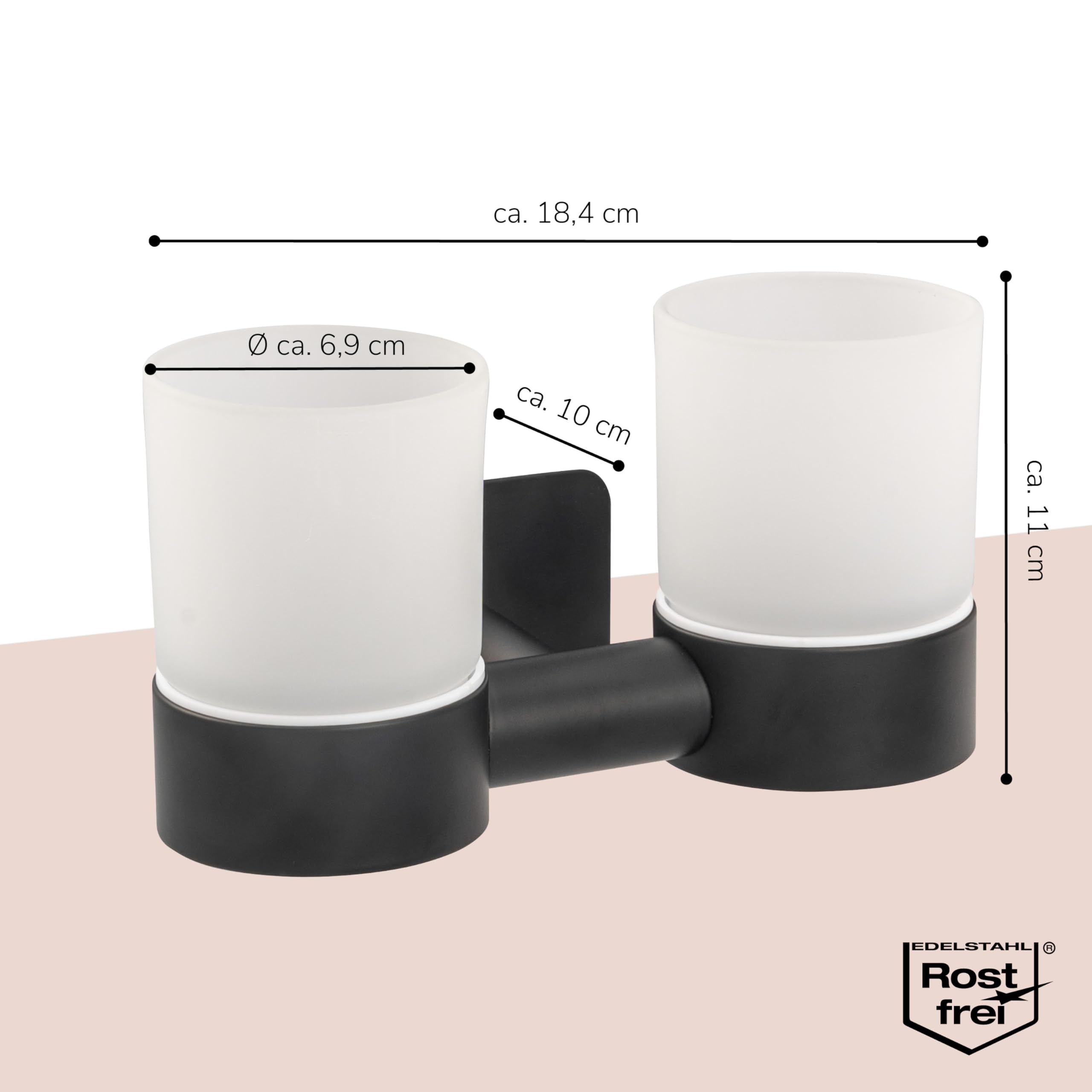 bremermann Bad-Serie Piazza Black Tape - Doppel-Glasbecherhalter ohne Bohren, mit Klebepad - selbstklebend - Becherhalter, Zahnbürstenhalter, aus Glas und Edelstahl, matt schwarz