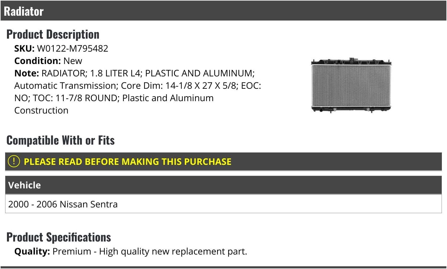 Radiator - Compatible with 2000-2006 Nissan Sentra 1.8L L4
