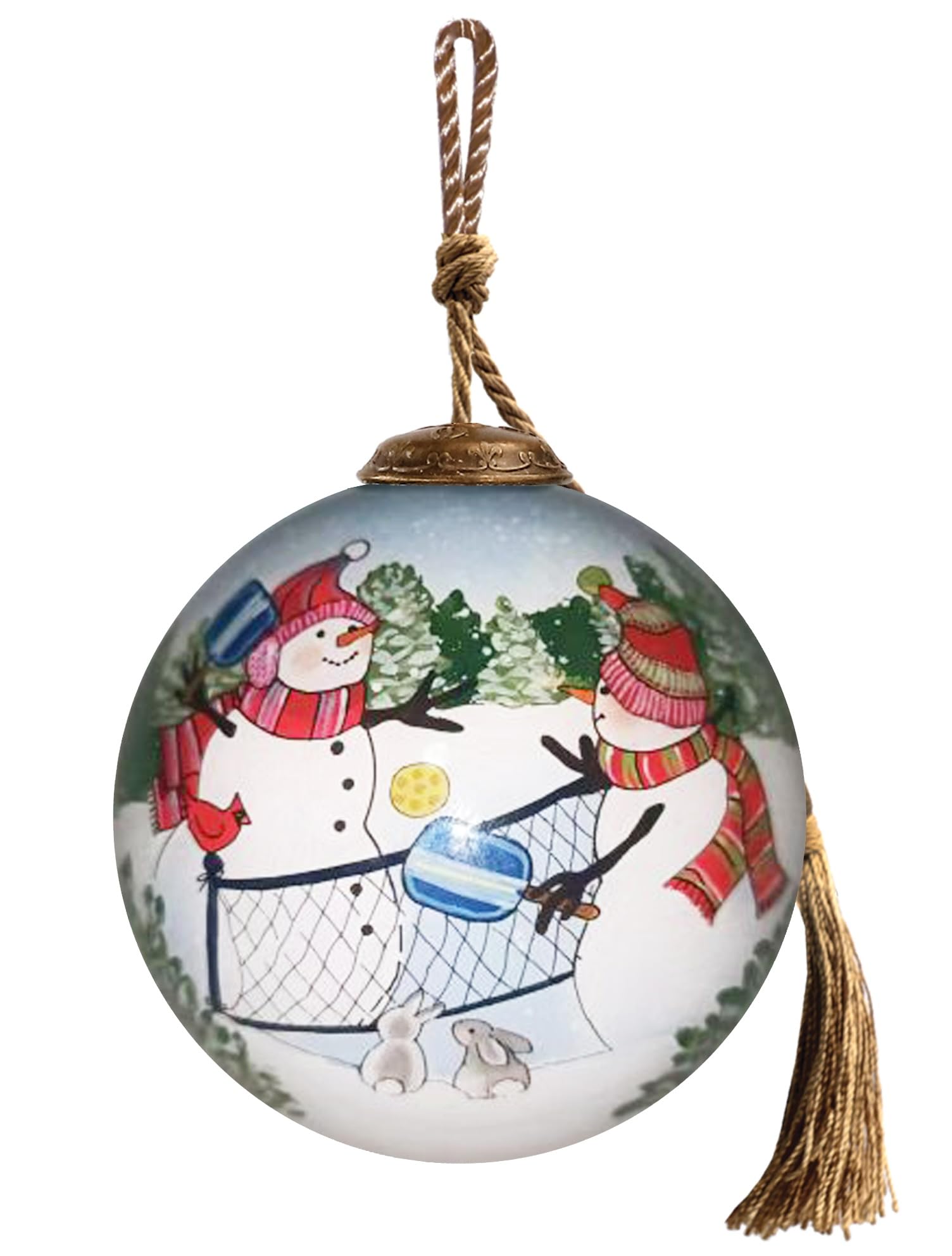 Pickleball Christmas Ornament – Glass Snowman Playing Pickleball – Fun for Pickleball Lovers & Players – 3” Reverse-Painted Collectible Ornament with