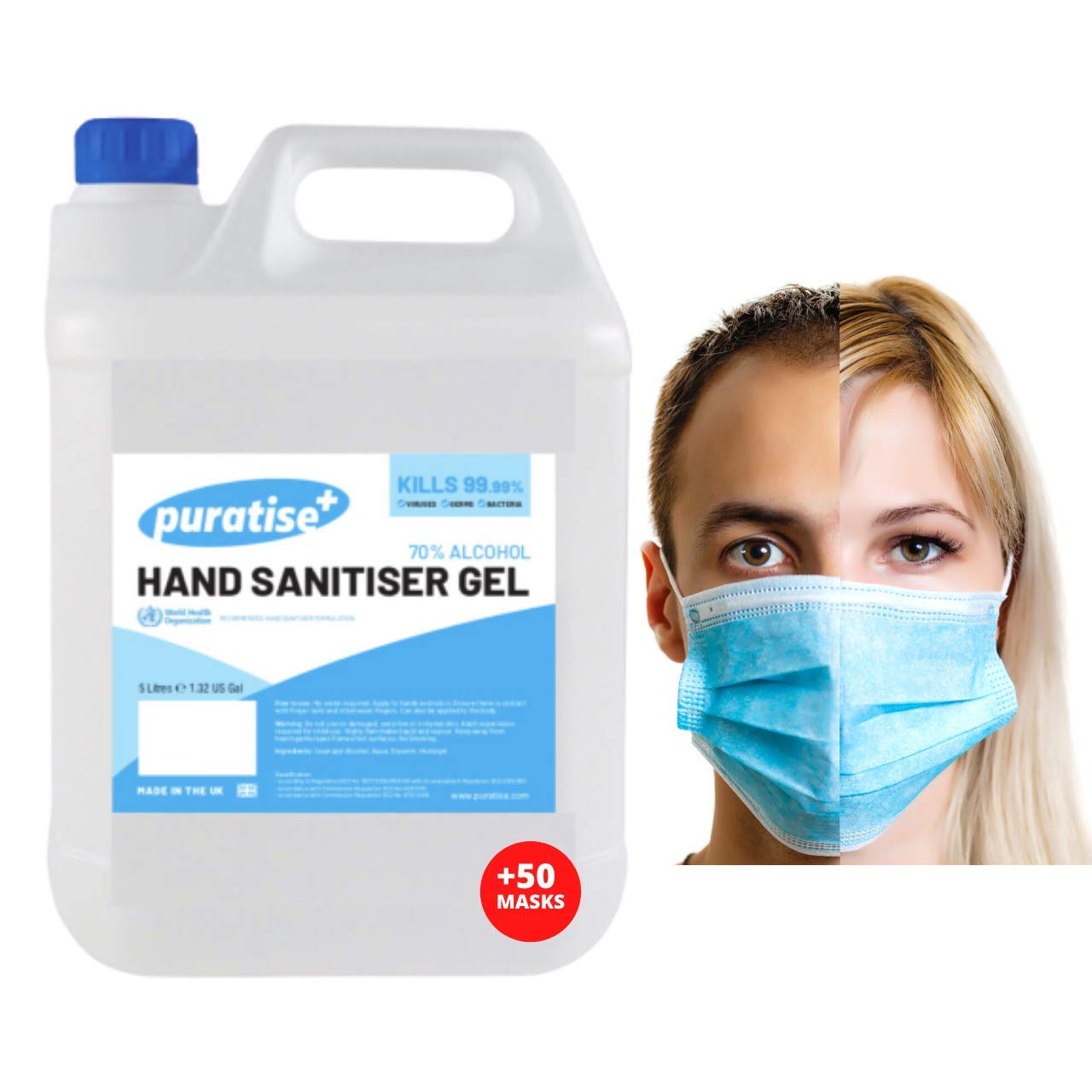 Hand Sanitiser Gel 5l PURATISE Antibacterial Hand Gel + X50 3Ply Non
