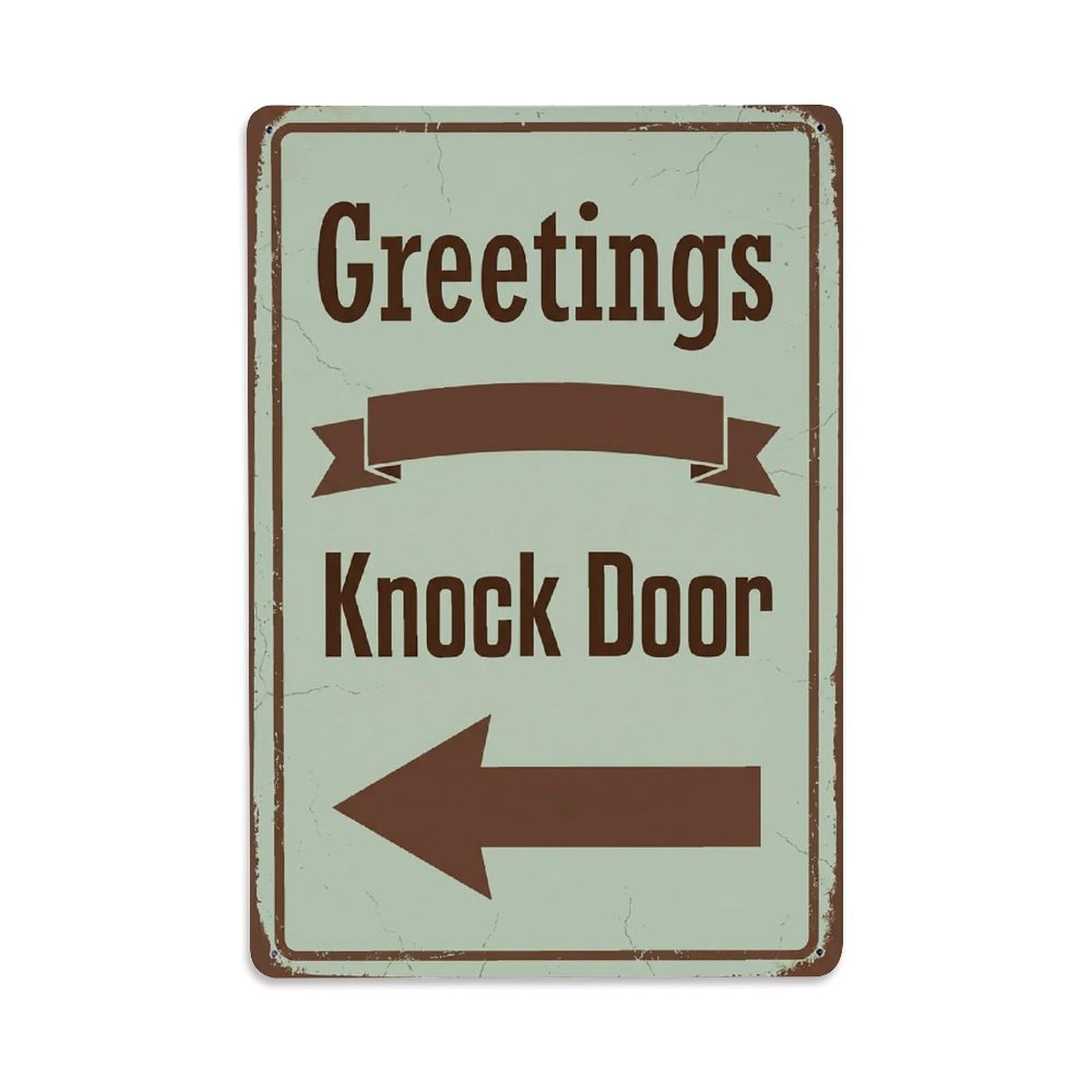 Vintage Greetings Knock Door Arrow Ribbon Metal Tin Sign