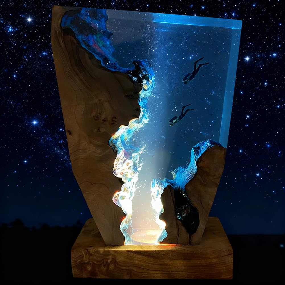 Marine Statue Dekoration Lampe 3D Epoxidharz Ozean Taucher Nachtlicht mit USB Kabel mit Holzsockel für Heim Büro Deko Weihnachten Geburtstag Geschenke,15 * 10