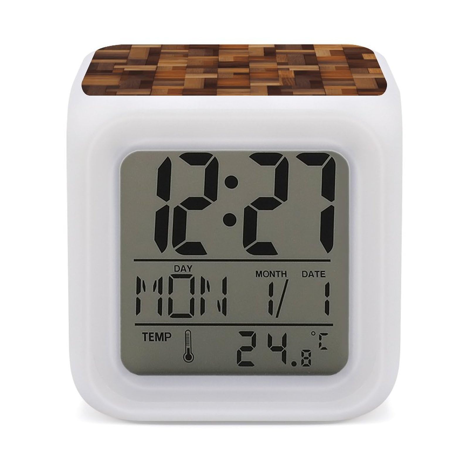 VstaDank Wood Alarm Clock with 7 Color Changing Night Light Date Temp Display Wake Clocks LED Display Digital Clock Electric Desk Clocks for Living Office Bedroom Decor