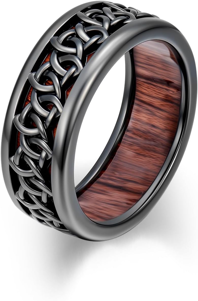 Wooden Celtic/Cross Ring 925 Sterling Silver Wedding Band Wood Mens Rings Engagement Ring Jewelry Gift for Men Women Size 8-14