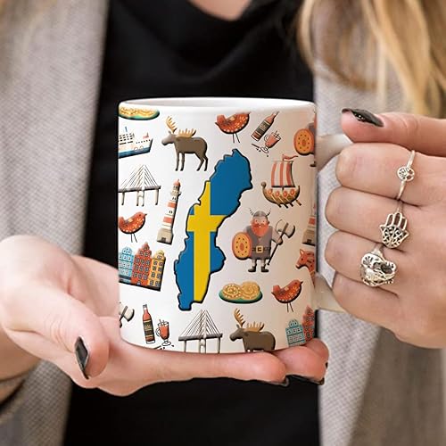 Miniatura 4 de Lotacy Taza de café con símbolos de Suecia con bandera de mapa, taza de cerámica de la bandera de Suecia, taza de café de 11 onzas, recuerdo y