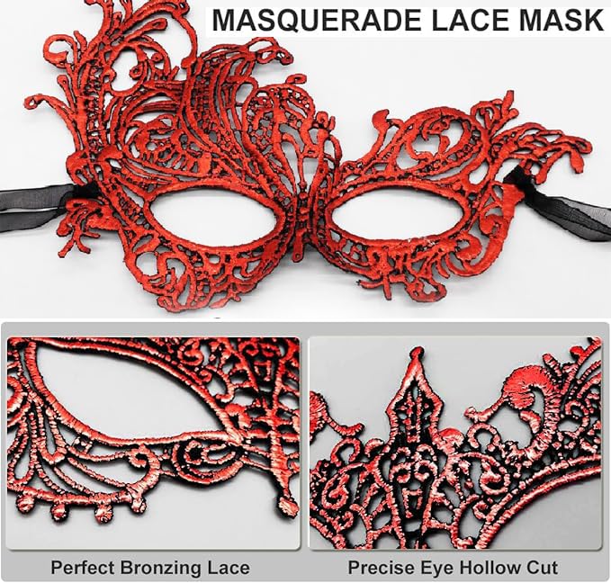 MZinge Masquerade Mask for Couple Men Venetian Mask for Halloween Lace Masque Costume Eyemask Party Prom Ball Mardi Gras (RED) - Image 2