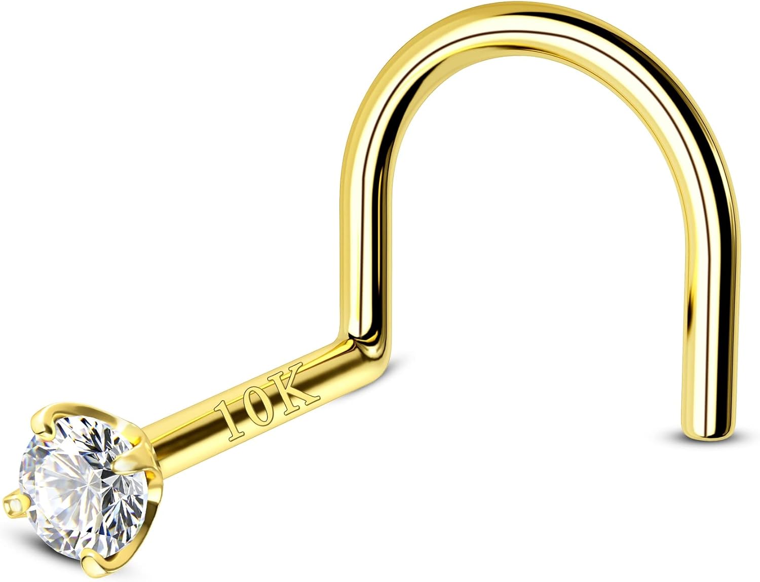 COCHARM 10k Solid Gold Clear CZ Nose Stud 20g 10K Yellow Gold Nose Screw Nose Rings Hypoallergenic S Shape Nose Piercing For Women Men