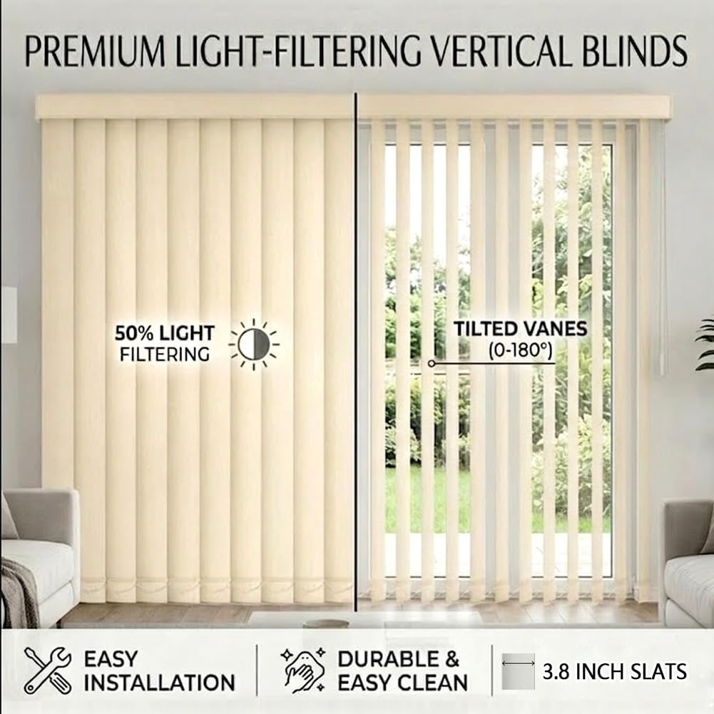 Blackout Vertical Blinds Beige for Sliding Glass Doors, 104"x80" 86"x94" 59"x64" Light Filtering Fabric Shades, Cordless Room Darkening Privacy Window Blinds for Home Office(59" W*120" H)