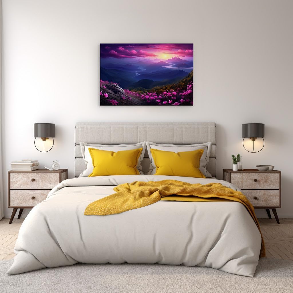 Canvas for Living room. Sunset Serenade Over a Meadow of Magenta - A Journey into Mountain Majesty, 27 x 18 inch Canvas Wall Art - Contemporary Masterpieces - Modern Home Decor