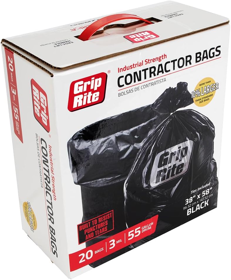 Grip-Rite GRHDC55BAG20 Heavy Duty Black Contractor Bag 55 Gallon 38" x 58", 20 Count