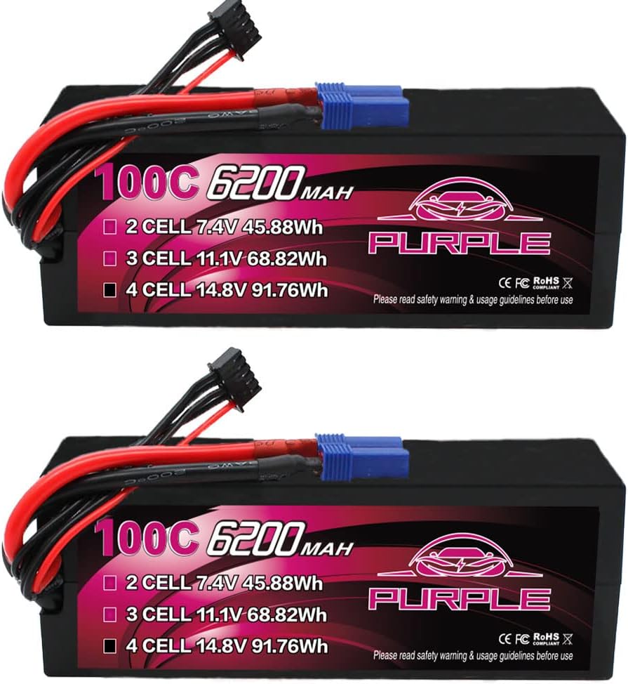 CNHL Purple Series 6200mAh 4S Lipo Battery 100C 14.8V Hard Case with EC5 Plug for RC Car Racing Truck Boat Tank Buggy Truggy(2 Packs)