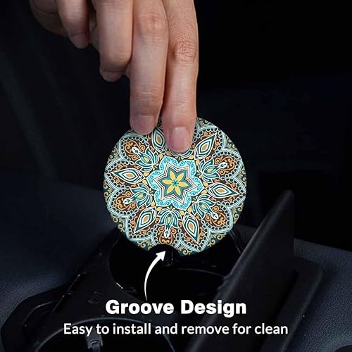 Miniatura 6 de Juego de 2 posavasos con diseño floral de mandala para automóvil, con inserción antideslizante y absorbente de cerámica con base de corcho y muesca