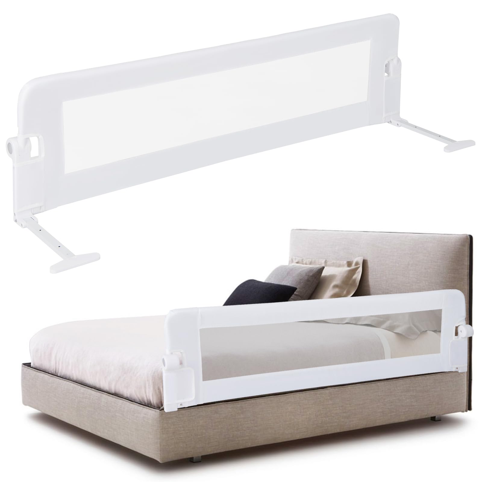 LIFEZEAL Barandilla de Cuna Plegable con Correas, Barrera de Seguridad Infantil rellena de algodón, protección anticaída de Cuna de Tejido Oxford, 152x34x42cm (Blanco)