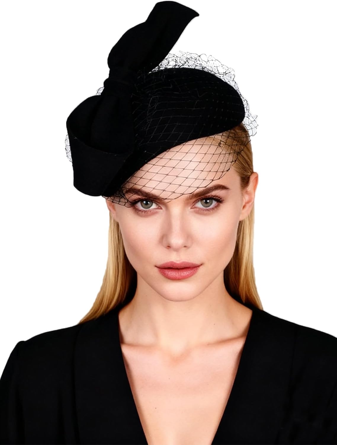 HIMESPORT Women Ladies Wool Felt Derby Fascinator Hats Wedding Bridal Tea Party Formal Femme Pillbox Hat with Veils Bow