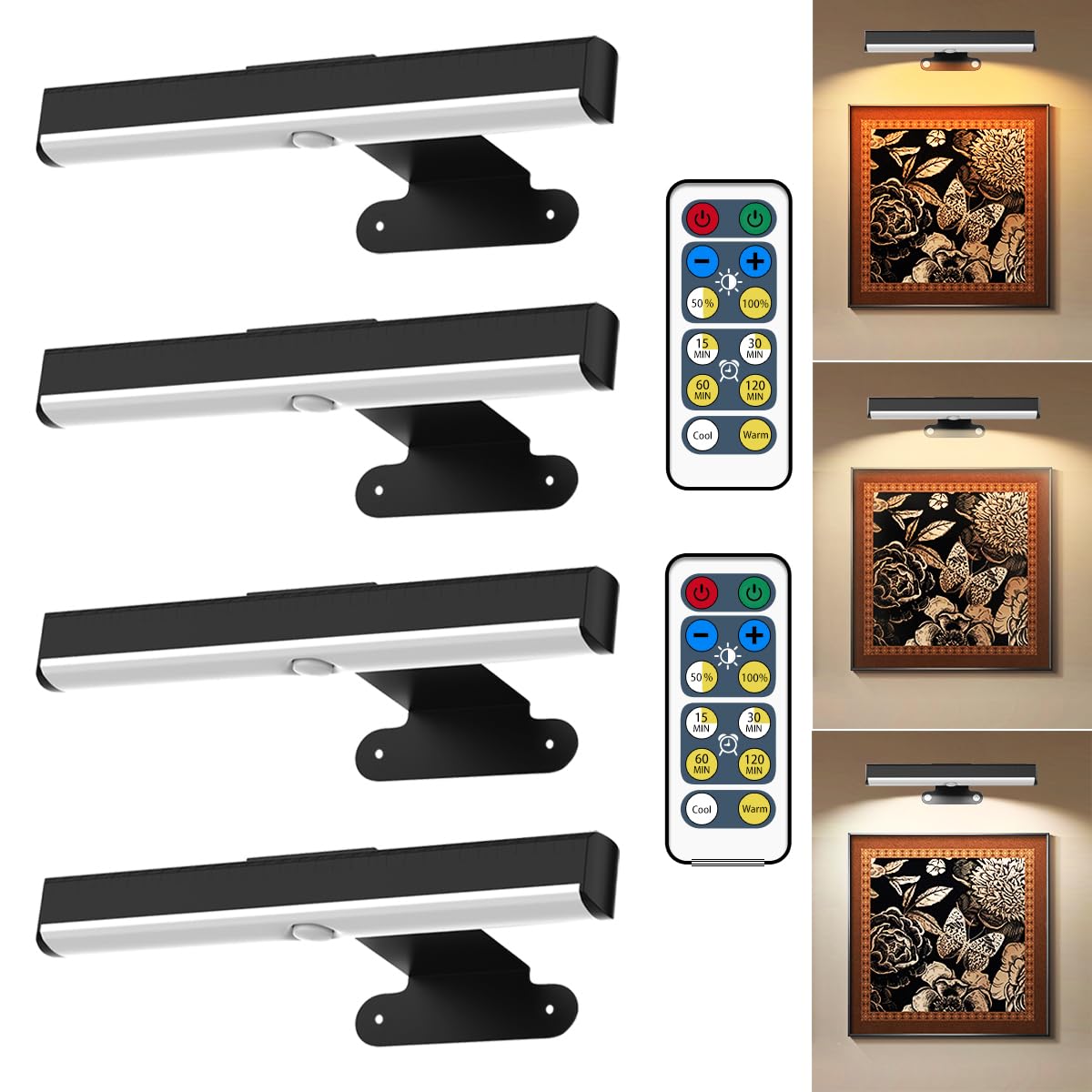 4Pack Wireless Picture Light with Remote,Battery Operated Wall Sconces for Wall Decor,3 Color Timer&Dimmable Paintings Light LED Art Display Lamp Picture Frame Light for Artwork Posters Gallery-Black