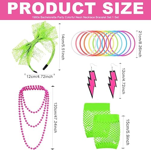 Miniatura 2 de Juego de accesorios de disfraz de neón de los años 80 para mujer, diadema de encaje, aretes, collar, pulsera y guantes de red