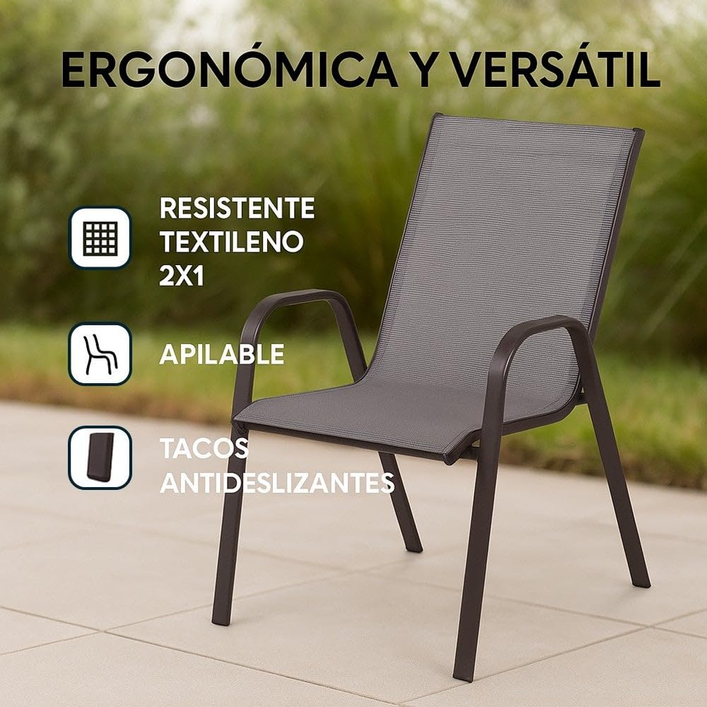 LOLAhome Set de 4 Sillas de Jardín de Acero Gris Topo y Textileno Antracita | Resistentes: Acero anticorrosión, Textileno Doble | Transpirables, Apliables | Soporta 110 Kg | 55x72x90 cm | Classic