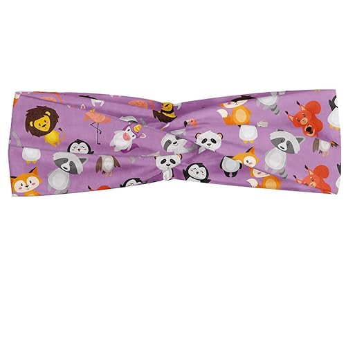 Lunarable Raccoon Headband for Women, Forest Animals Leon Flamingo Panda Bear Fox Unicorn Camel Bunny Cartoon, Elastic Comfy Hair Accessory Knotted