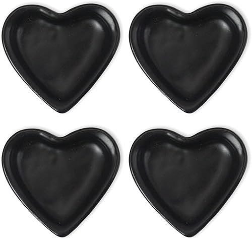 roro Corazones negros de cerámica hechos a mano para pequeñas joyas o salsas, estilo antiguo mate de 2.5 pulgadas, juego de 4