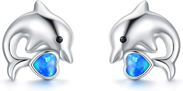 TOUPOP Sterling Silver Dolphin/Jellyfish/Owl/Shark Stud Earrings for Women Created Opal Cute Ocean Animals Earrings for Girls Birthday Christmas Gifts