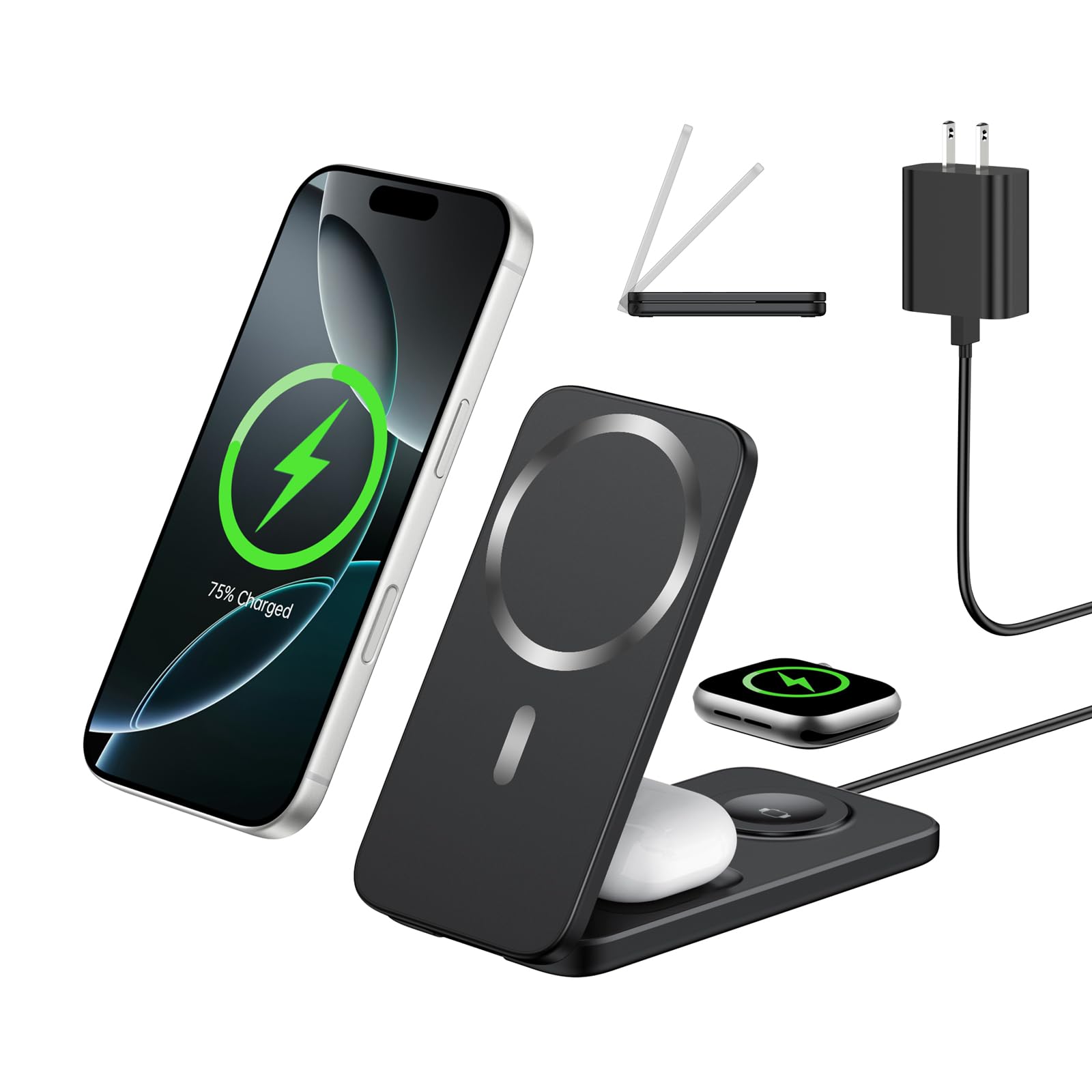XNYAND Compatible MagSafe 3 in 1 Wireless Charging Station for Apple, Magnetic Foldable Charger Stand for iPhone 17/16/15/14/13/12 Pro Max, Apple Watch Ultra/Series & AirPods Pro Fast Charging Dock — view 8