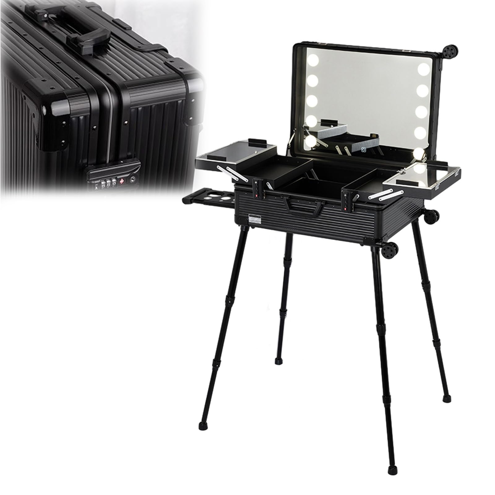 Estuche con Ruedas para cosméticos, Estuche de Maquillaje con Ruedas Extragrande de Aluminio con Luces LED integradas, Organizador de cosméticos Profesional para Estudio con Soporte para maq