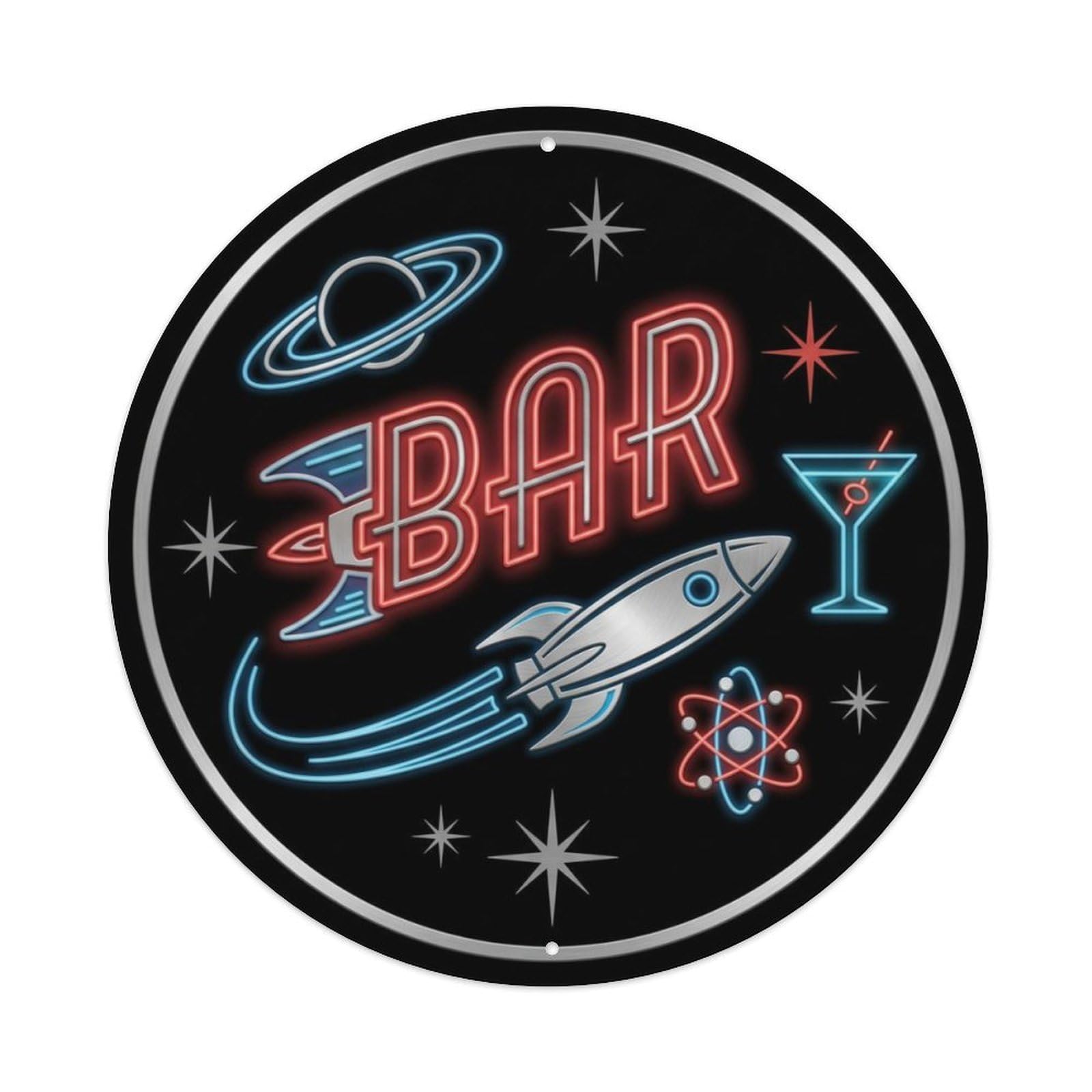 BAR Neon Rocket Emblem Metal Tin Sign Plaque Wall Decor for Cafe, Club Bar, Office, Home Garden Round Metal Poster 8x8Inch