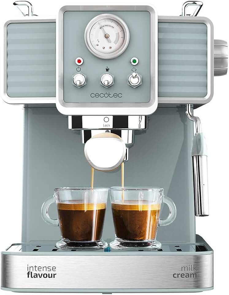 Cecotec Cafetera Express Power Espresso 20 Tradizionale para espressos y cappuccinos, rápido Sistema de Calentamiento por thermoblock, 20 Bares, manómetro PressurePro y vaporizador orientable