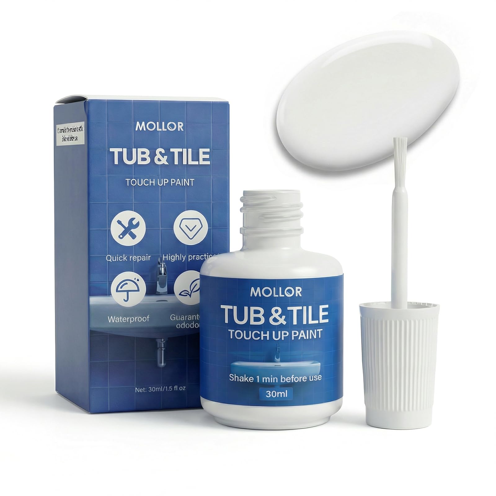 Mollor Tub and Tile Paint, White Enamel Touch Up Paint, 30ml for Kitchen Appliances & Bathroom - Fast Drying Repair Pen, Suitable for Radiator, Shower, Fridge, Sink, Chips and Scrapes (White)