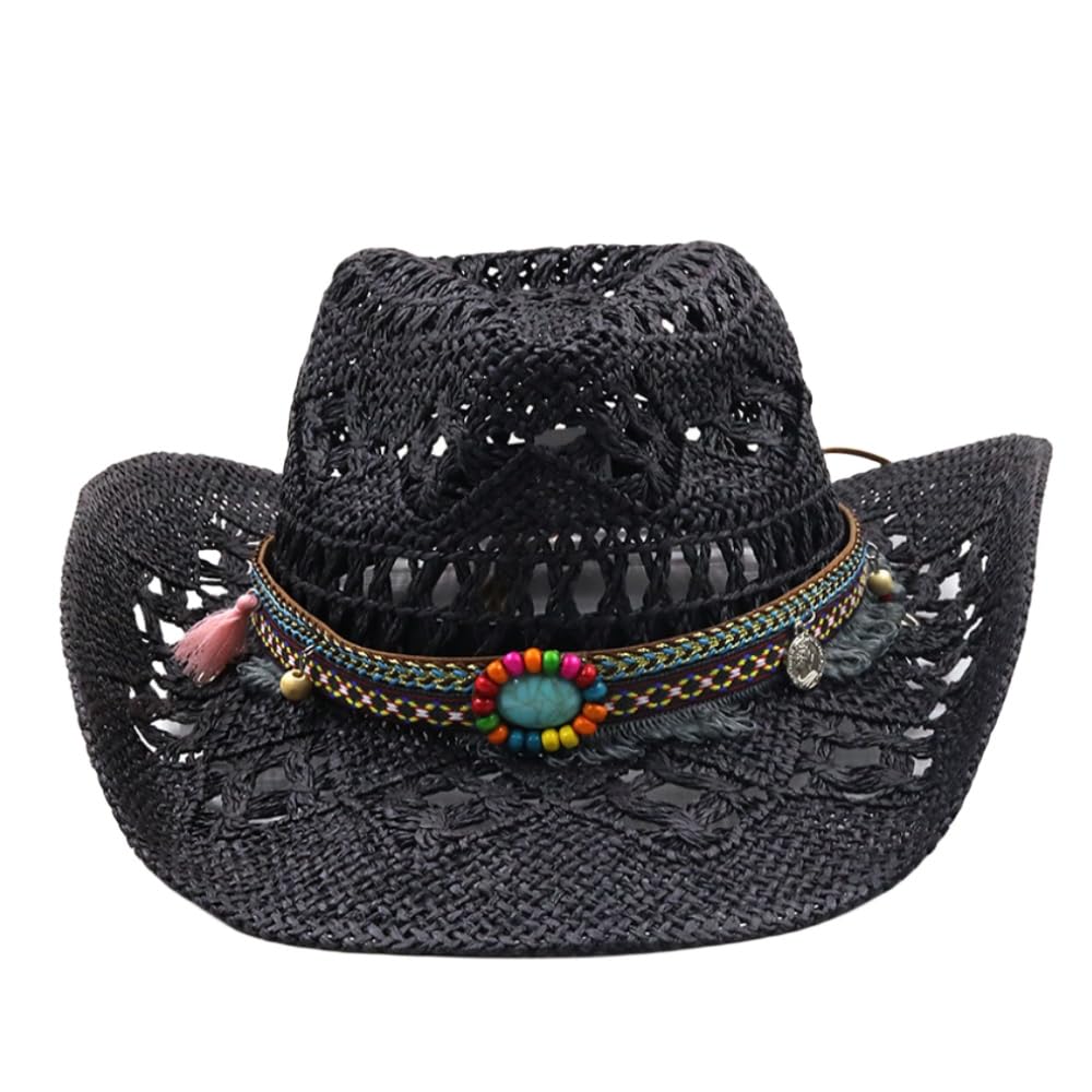 Generic Sombrero Vaquero Occidental Hombre Mujer Sombrero de Cowboy Western Cowgirl Hat Brasileño Bohemia Paja Panamá con Banda Sombrero de Playa Sombrero Visera de Verano