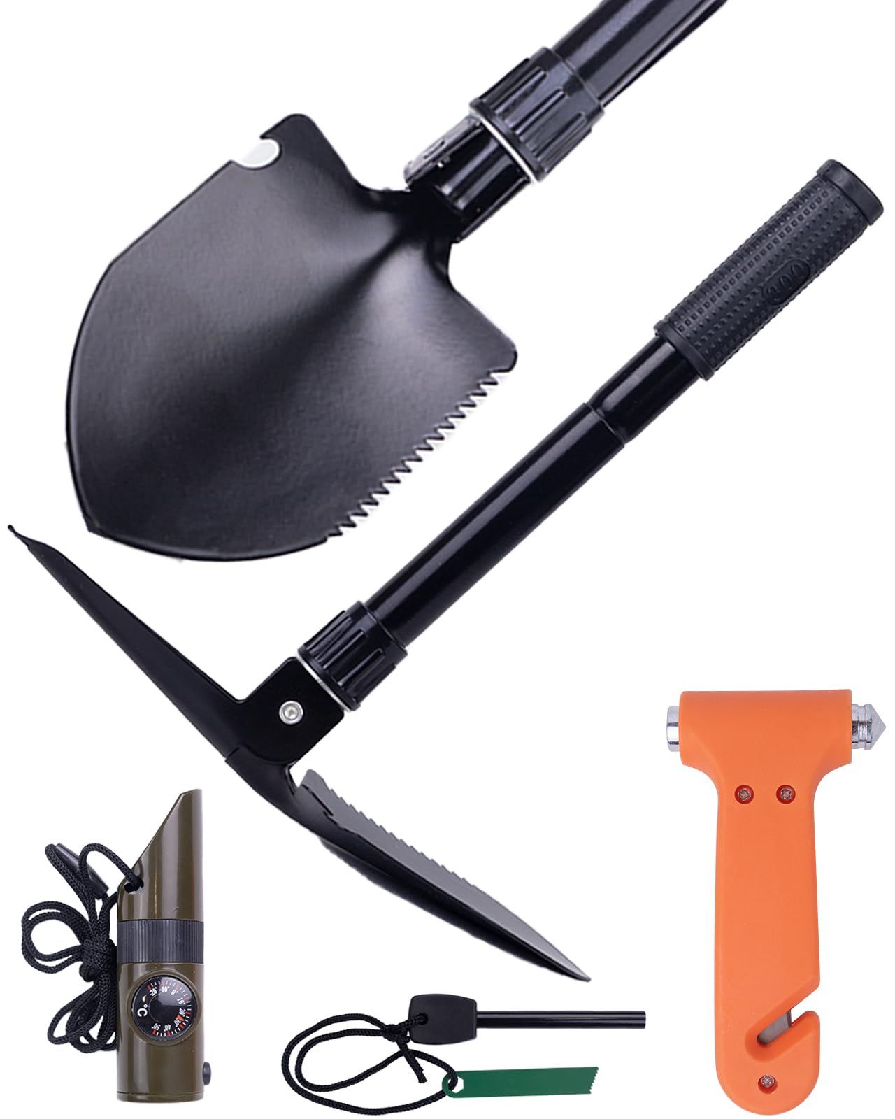Folding Shovel Set - Includes Shovel, Emergency Whistle, Fire Starter, Safety Hammer - Portable Tool for Camping, Hiking, Car Emergency